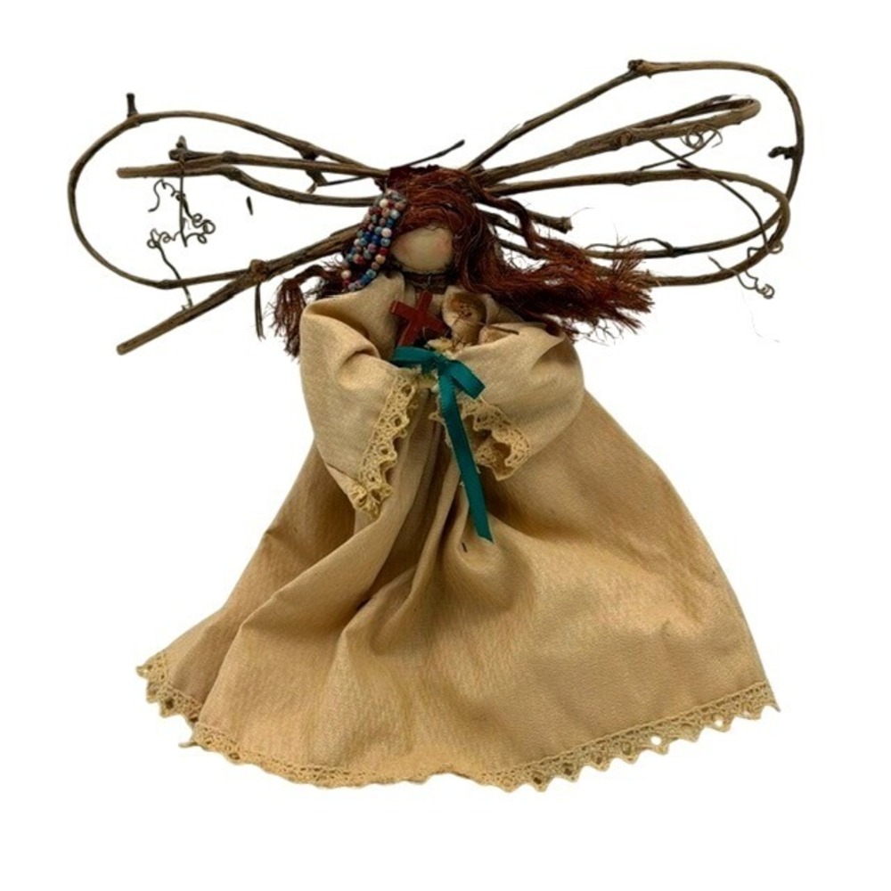 Mary Grey Primitive Folk Art Angel Doll Grapevine Wings Wood Base Handmade 12in